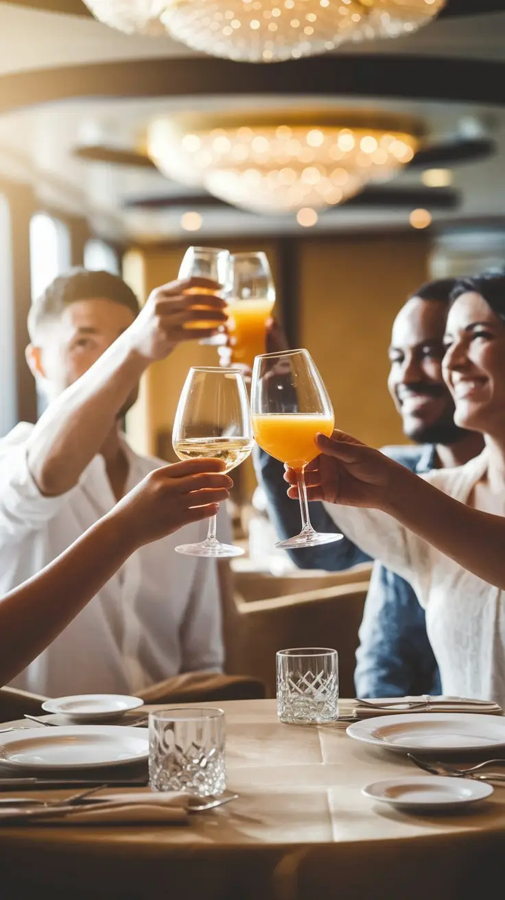 A warm, glowing photograph captures a blissful family moment aboard a luxurious cruise ship. In the foreground, a mother and father raise their elegant wine glasses, their faces illuminated with joy and love. Behind them, two children, beaming with excitement, lift their juice glasses high. Soft, ambient light from the restaurant's chandeliers bathes the scene in a golden hue, highlighting the cozy, upscale dining area adorned with plush furnishings and delicate table settings.