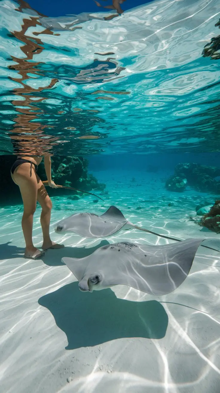 A photo of a person standing in the shallow, crystal-clear waters of Stingray City. The person is interacting with two friendly stingrays. The stingrays are gliding along the sandy bottom. The water is so clear that the person's legs and the stingrays' bodies are visible. The background reveals a beautiful underwater scene with coral reefs and marine life.