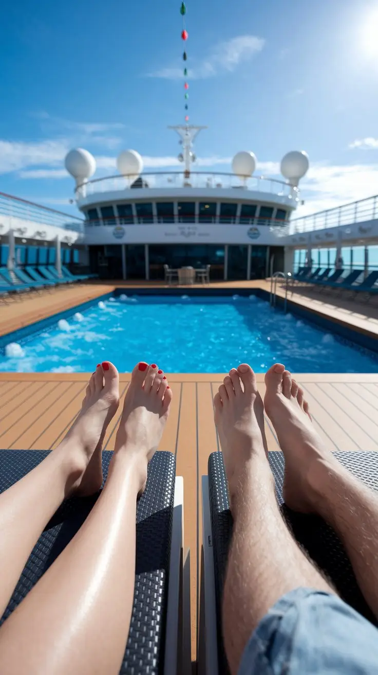 Close up a two pairs of feet, one lady and one man. On a deck chair by the pool on a cruise ship. Sunny day