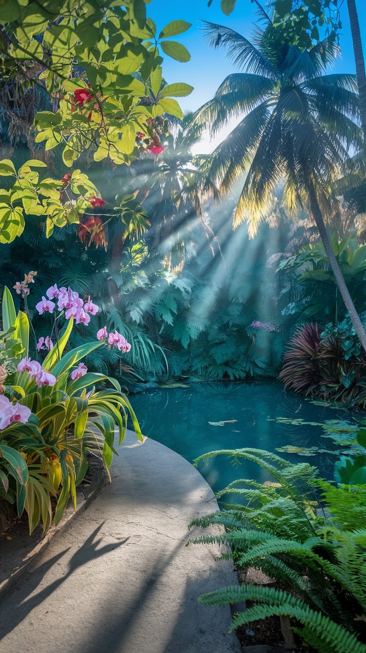 Towering palm collection and flowering tropical plants at The Retreat Garden National Park Nassau