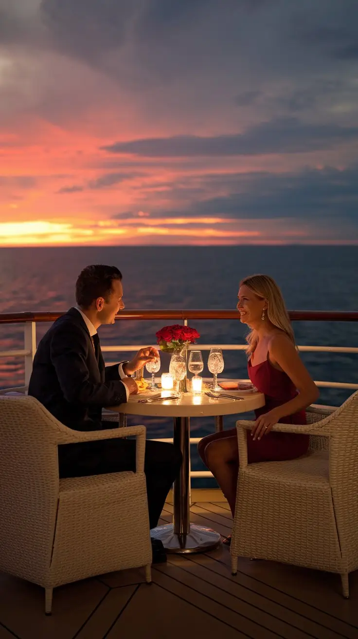 A photo of a couple enjoying a romantic candlelit dinner on the deck of a cruise ship. The man is wearing a suit and the woman is wearing a red dress. They are sitting at a small round table. The table is set with fine china, silverware, and crystal glasses. There are red roses in a vase on the table. The background is the glowing horizon of a fiery sunset.