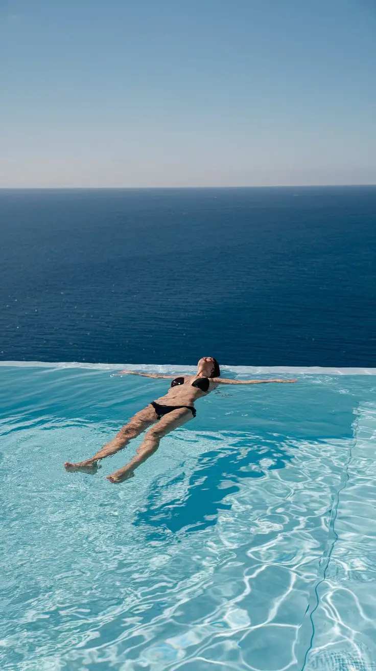 A photo of a woman floating in an infinity pool on a cruise ship. She is lying on her back, with her arms stretched out. The pool blends seamlessly into the ocean. The sky is clear and sunny.