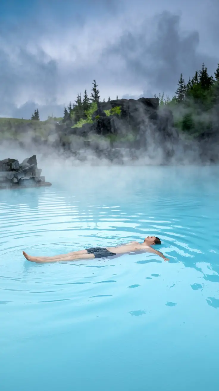 A photo of someone floating in the thermal baths in Reykjavik, Iceland. The person is submerged in the milky blue geothermal waters of the Blue Lagoon. Steam is rising around the person, creating a peaceful and serene atmosphere. The background contains rock formations and greenery.