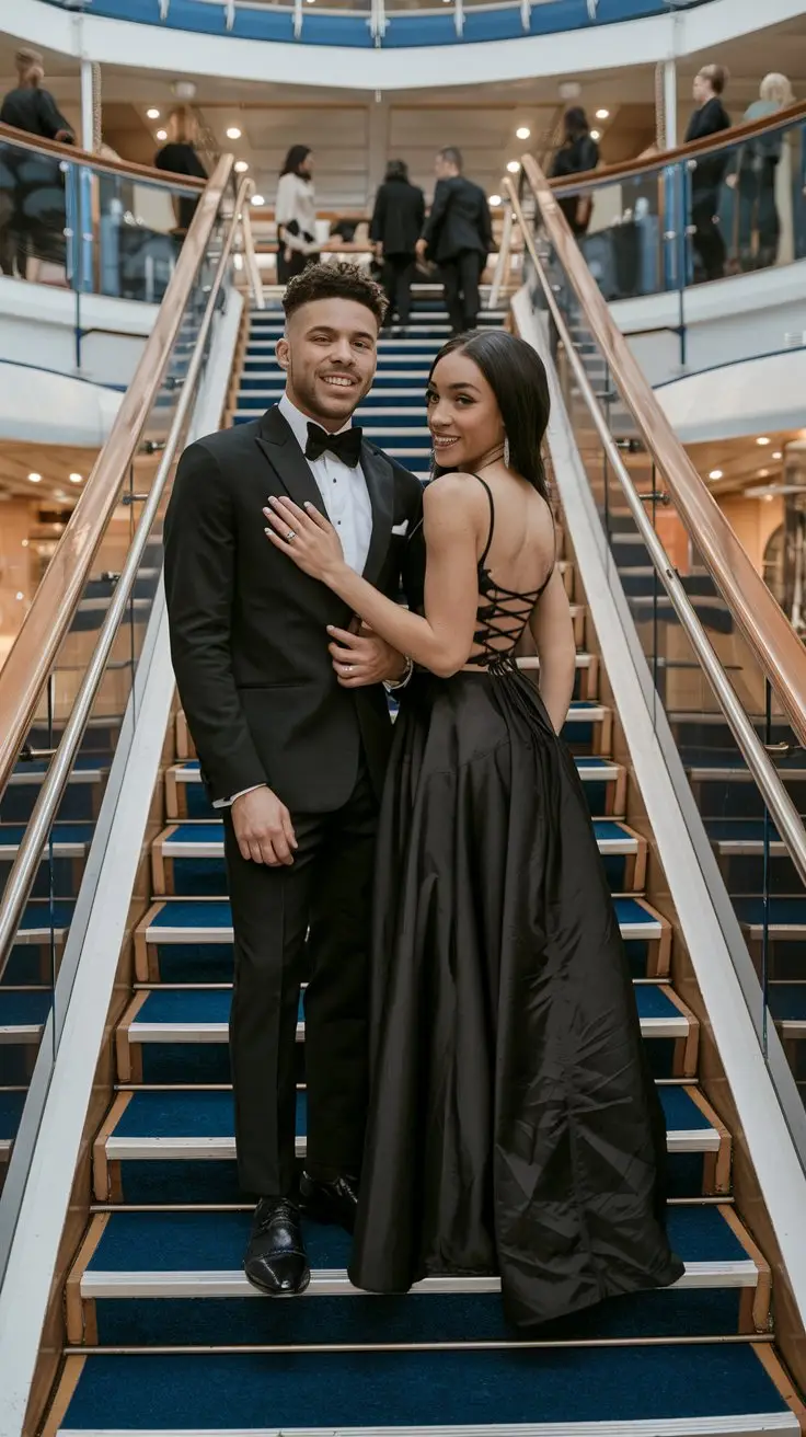 A photo of a young black couple in bad(b) formal evening outfits posing on the grand staircase of a cruise ship. The man is wearing a black tuxedo and the woman is wearing a black dress with a lace-up detail on the back. Both have an attitude and are smiling. The background contains other passengers and the ship's architecture.