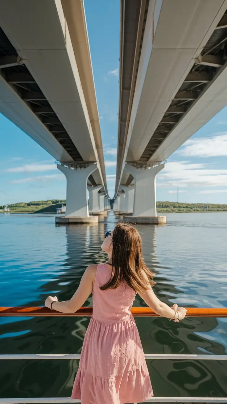A photo of a young lady on the top deck of a cruise ship, with the ship going under a bridge. She is wearing a pink dress and has brown hair. She is looking up at the underside of the bridge. The day is sunny, and the sky is blue. The water beneath the ship is calm and reflects the sky and the bridge.