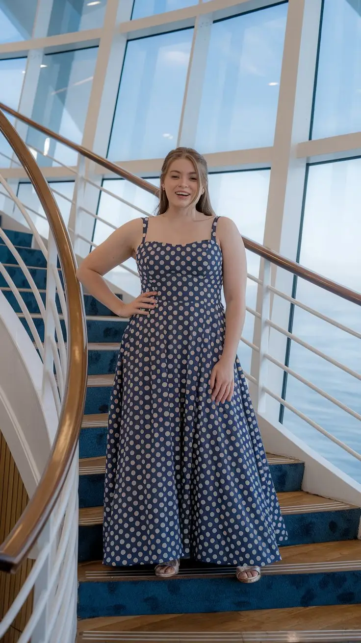 A photo of a plus-size young lady posing on a cruise ship's grand staircase. She is wearing a slim dinner dress. The dress has a dark blue background and white polka dots. The lady has a cheeky smile on her face. The background contains a railing and a window with a view of the ocean.