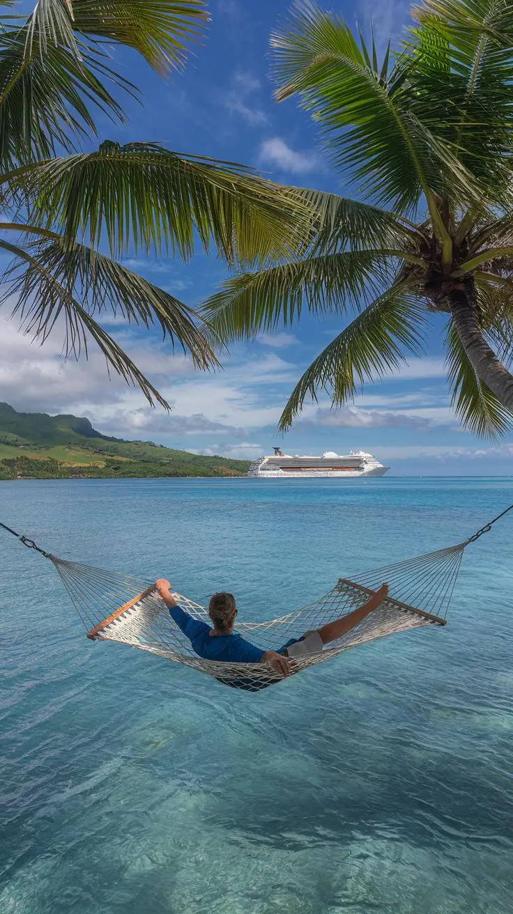 A photo of you hanging out in a hammock over the water in Bora Bora, French Polynesia. You are wearing a blue shirt and a pair of shorts. The hammock is strung between two palm trees. The crystal-clear waters below reflect the sky. In the distance, you can see your cruise ship. The background contains lush greenery and the horizon.