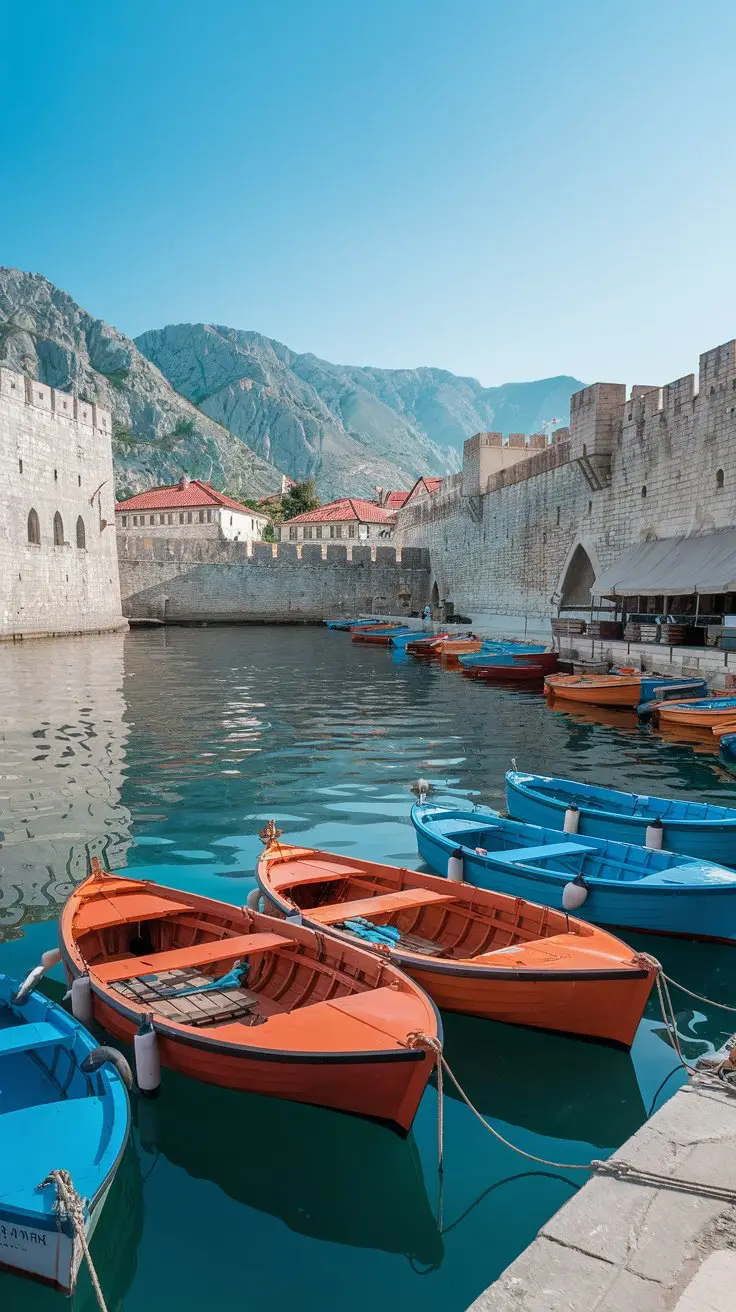A photo of small fishing boats moored in Kotor's medieval harbor. The boats are vibrant orange and have wooden structures. The harbor is surrounded by tall, grey stone walls. There are buildings with red roofs along the wall. The sky is clear and blue.