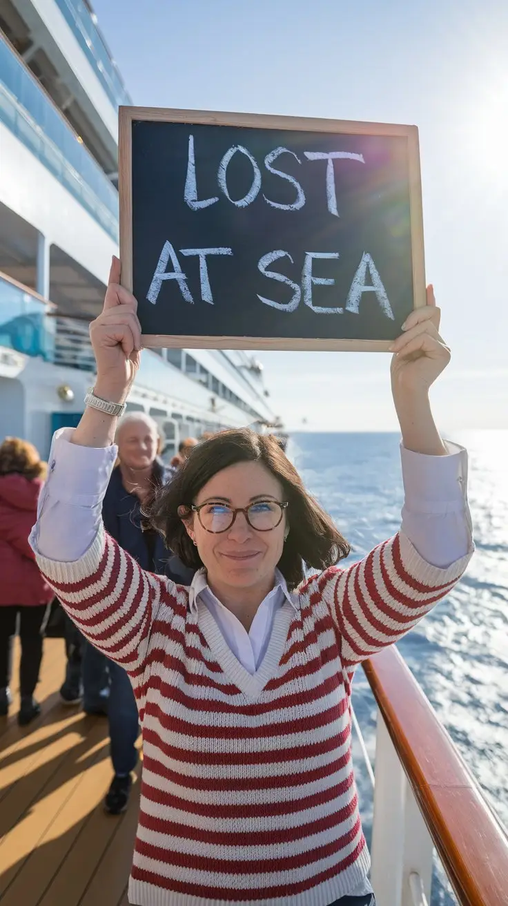 A photo of a lady with a chalkboard sign that says "Lost at Sea" in playful text. She is wearing a white shirt and a red and white striped sweater. She has dark hair and is wearing glasses. She is standing on the deck of a cruise ship. The background reveals other passengers and the vast ocean. The sun is shining brightly.