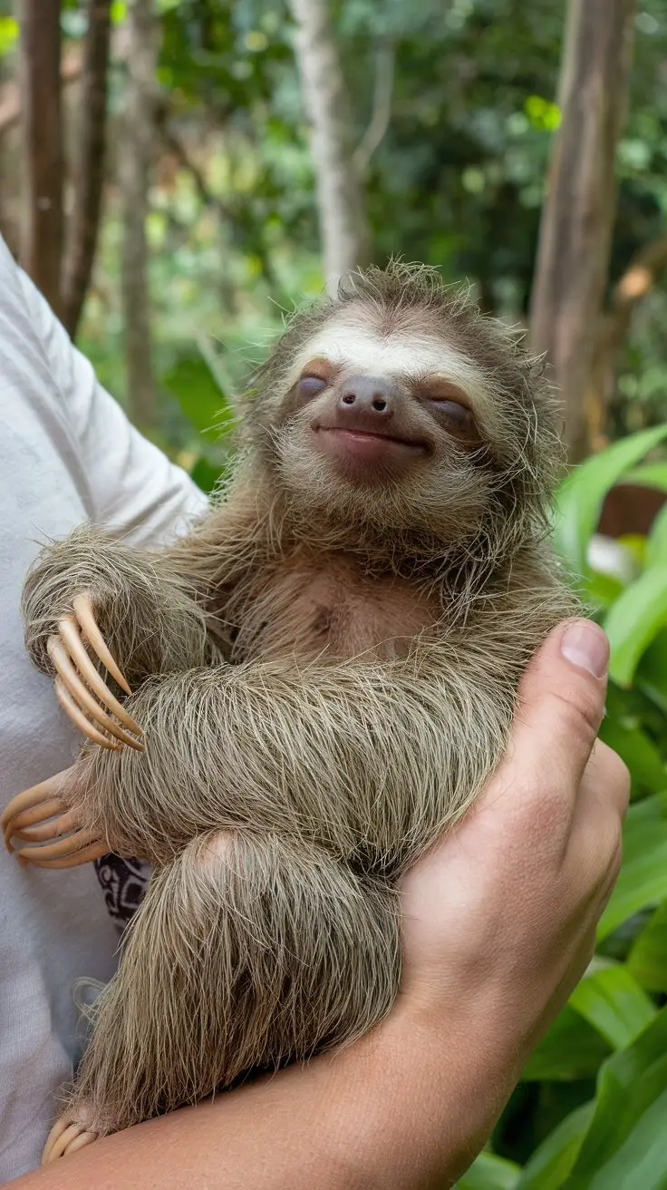 A photo of you holding a baby sloth in Costa Rica. The baby sloth is cradled in your arms, its tiny face peeking up at you with sleepy eyes. The background is a lush green forest.