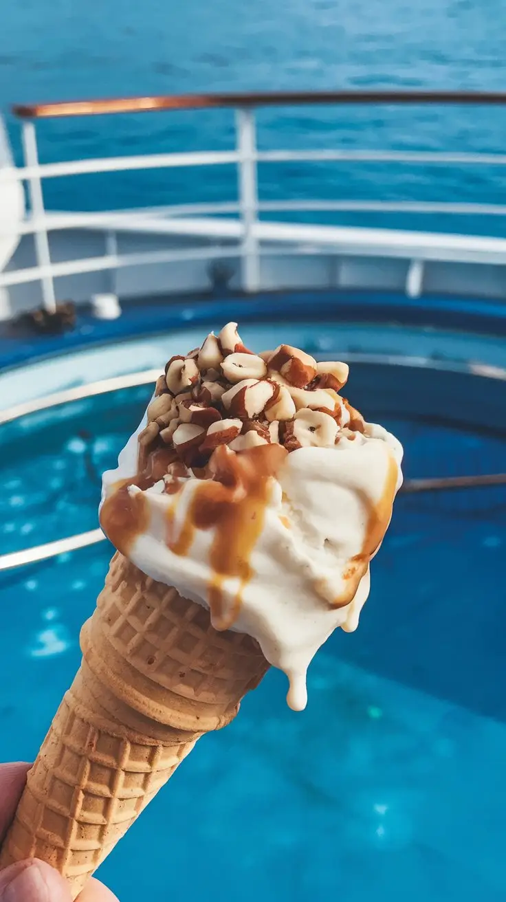 A photo of a close-up shot of a melting ice cream cone on a wooden stick. The ice cream has a caramel and nut topping. In the background, there's a ship's pool with blue water and a railing.
