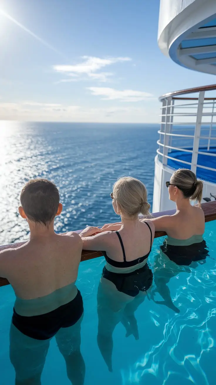 Close up of a back-facing shot of a 3 different people in an infinity pool looking over the edge on a cruise ship with the ocean in the background. Sunny day