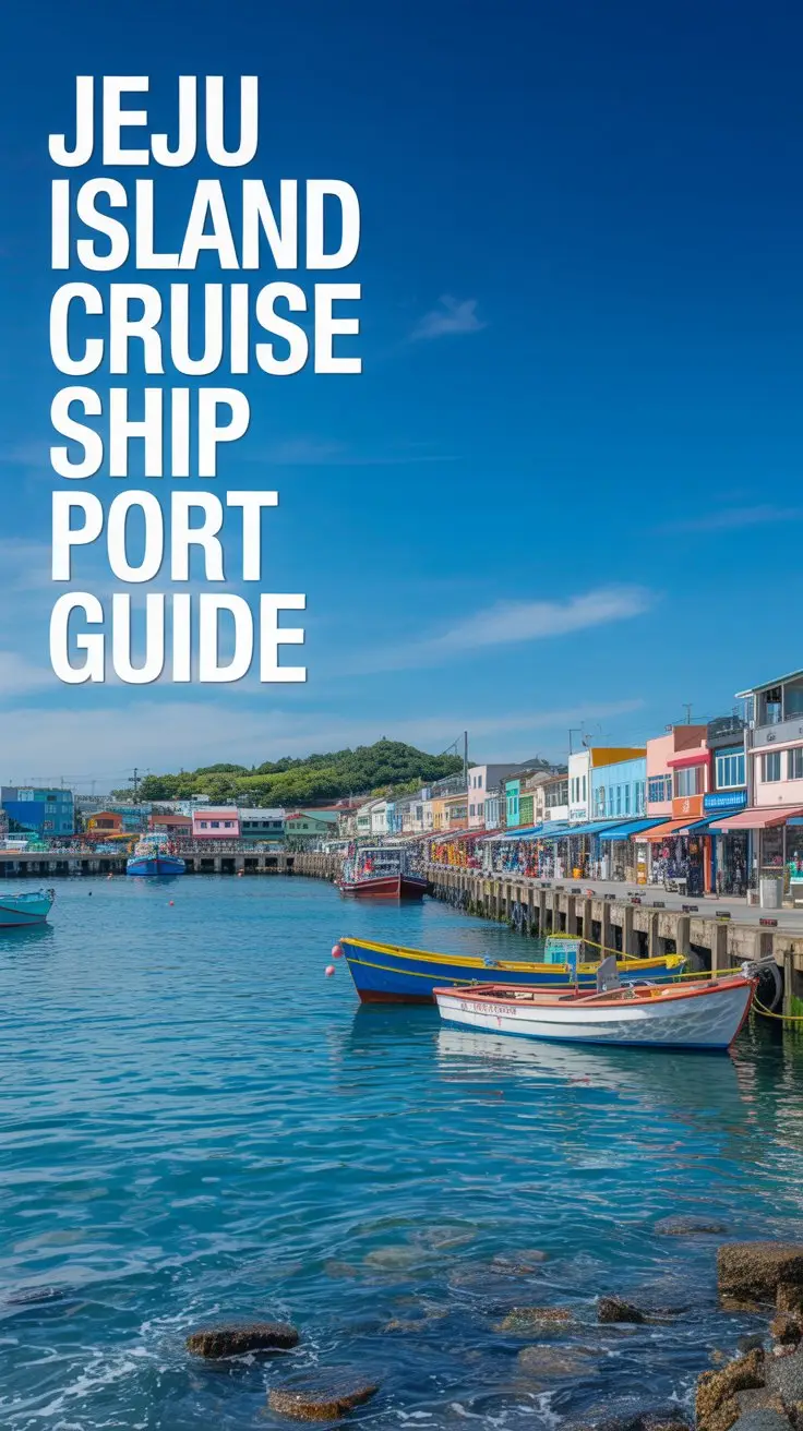 A vibrant travel poster depicting "Jeju Island Cruise Ship Port Guide" aligned to the left side of the frame. The scene showcases a bustling harbor on a bright, sunny day, with colorful buildings and shops lining the waterfront and a vibrant blue sky above. Gentle waves lap against the shore, reflecting the sunlight and creating a sense of tranquility, with a few small fishing boats gently bobbing near the docks. The overall composition highlights the beauty and charm of Jeju Island’s port, creating an inviting atmosphere for potential visitors.