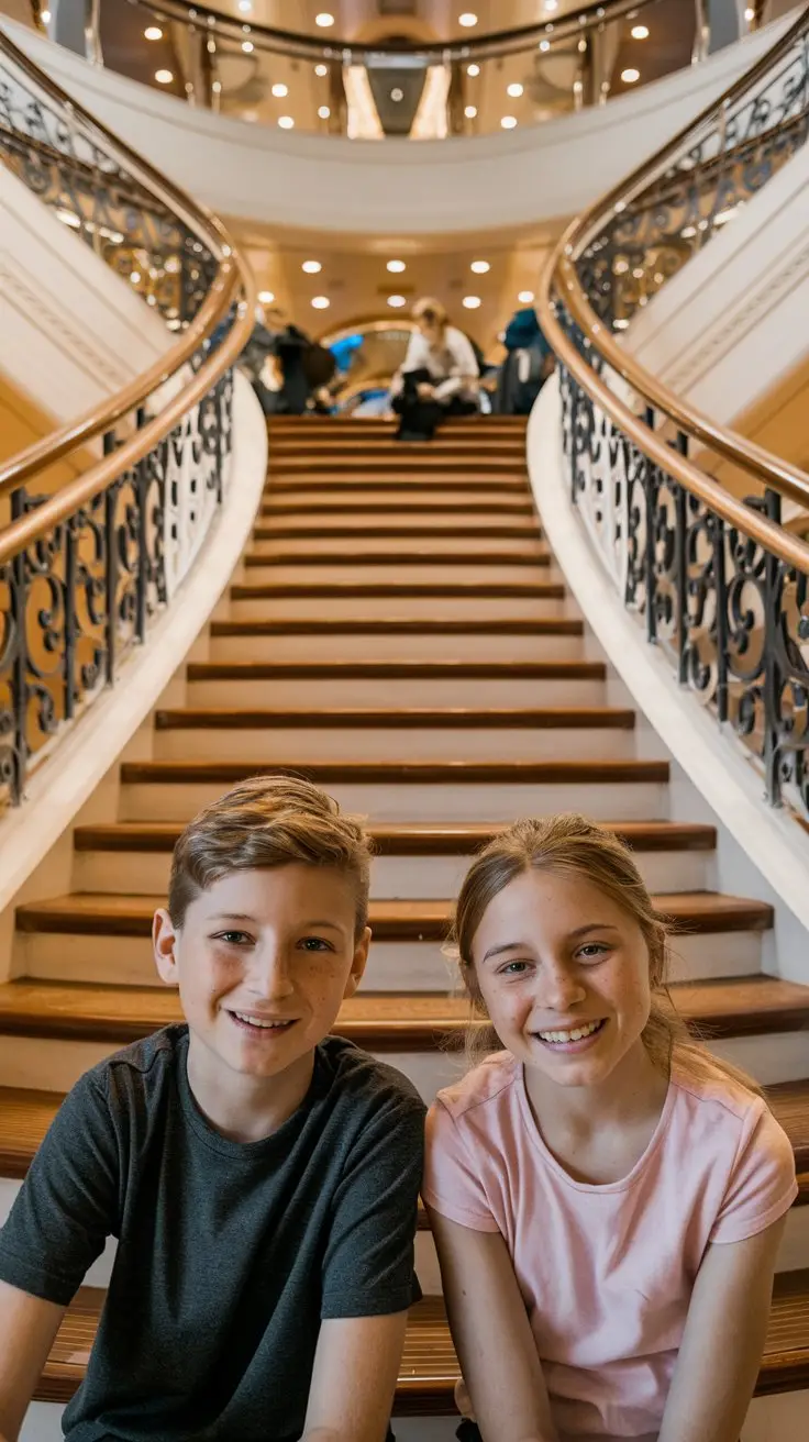 A photo of a casual setting of a boy and a girl sitting on the grand staircase of a cruise ship. The boy is wearing a grey t-shirt and the girl is wearing a pink t-shirt. They are smiling at the camera. The background reveals a large, curved staircase with ornate railings and a few other passengers. The lighting is warm.
