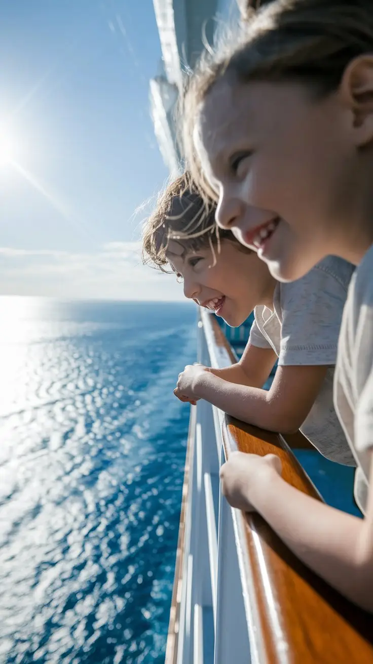 Close up of 2 happy kids looking down at the sea from the railings on a cruise ship. Sunny day.