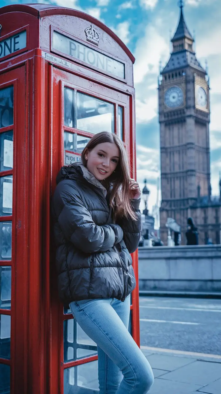 A photo of a young lady wearing jeans and a puffer jacket. She is leaning against a bright red phone booth in London, UK. In the background, the iconic Big Ben is visible. The sky is sunny, and the lady is smiling while posing for the camera.