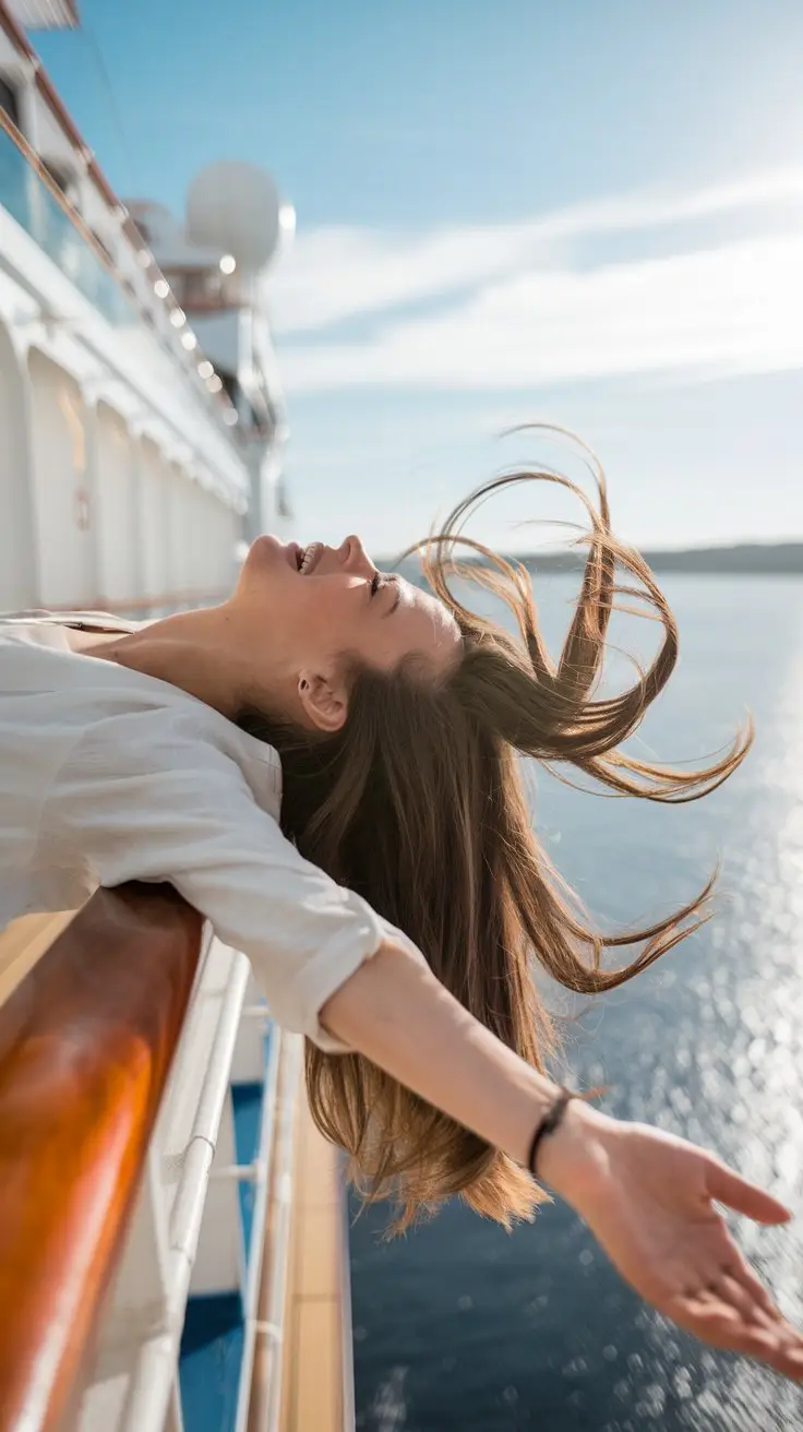A photo of a lady with long brown hair leaning against the rails of a cruise ship. Her hair is blowing in the wind. She has her head tilted back and her arms outstretched. She is laughing. The background reveals a sunny day with clear skies and a slight reflection of the ship on the water.