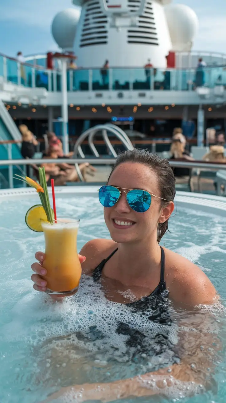 A photo of a lady wearing sunglasses and holding a tropical cocktail in a hot tub. She is on a cruise ship. The background contains other passengers and the ship's structure. The water is slightly cloudy, and there are bubbles around the lady's hand.