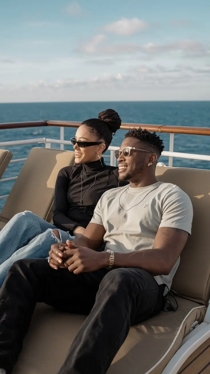 A photo of a young black couple on a comfy cabana lounger with sunglasses on, gazing at the ocean. They have an attitude and are smiling. They are on a cruise ship. The background contains the vast ocean and clear sky.