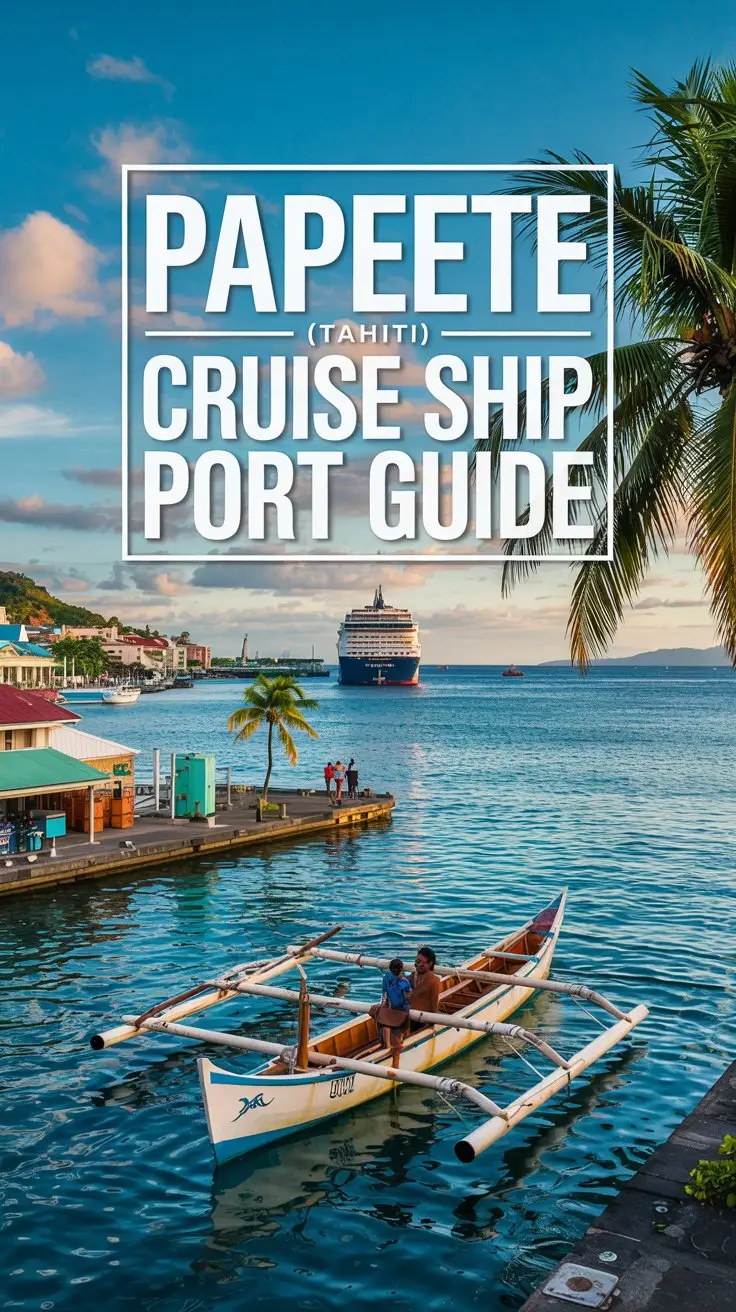 A vibrant travel poster showcasing "Papeete (Tahiti) Cruise Ship Port Guide" in bold white lettering encased within a rectangular box, immediately drawing the viewer's attention. Below the box, a captivating collage features a turquoise lagoon, a traditional outrigger canoe gliding across the water, and a glimpse of the bustling Papeete waterfront with colorful buildings and palm trees. The composition centers on the vibrant port scene, with the distant silhouette of a large cruise ship entering the harbor, illuminated by warm, diffused sunlight. The background seamlessly blends the turquoise lagoon with a gradient sunset of soft oranges and pinks, creating an idyllic and inviting atmosphere.