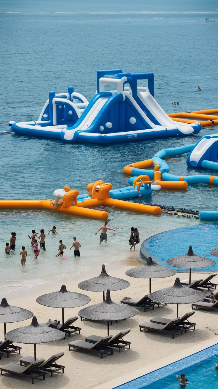 This family-friendly beach club features an inflatable water park, infinity pool, and à la carte dining. Come early for shaded loungers, and expect to earn your fun climbing the inflatables.