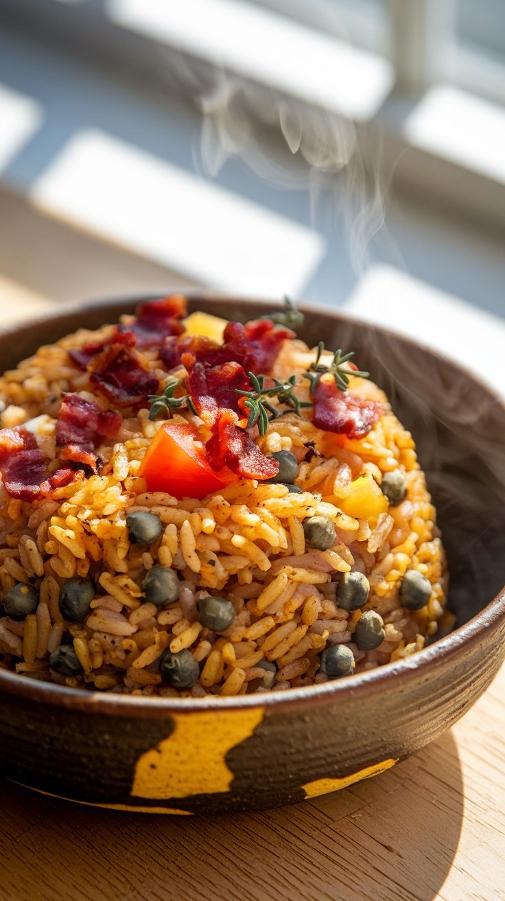 Traditional Bahamian peas and rice dish served alongside fresh fish at a local Nassau restaurant