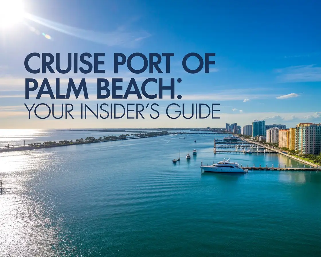 A vibrant aerial lifestyle advertisement for the Cruise Port of Palm Beach showcasing a panoramic view of the port’s marina and surrounding cityscape under a brilliantly sunny Florida sky. The composition highlights the sparkling turquoise waters of the harbor, lined with luxury yachts and modern waterfront buildings, emphasizing the destination’s upscale atmosphere and accessibility. A subtle, reflective sheen on the water surface catches the sunlight, adding depth and visual interest, with the large text overlay “"Cruise Port of Palm Beach: Your Insider's Guide"” aligned to the left in a clean, modern sans-serif font against the sky. The overall aesthetic evokes a sense of relaxation, luxury, and discovery, inviting viewers to explore the port’s offerings and experience the ultimate cruise departure point.
