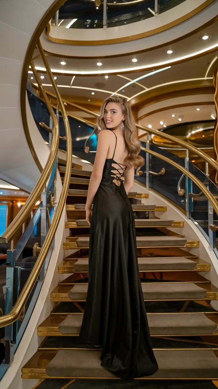 A photo of a young lady posing on a spiral staircase on a cruise ship. She is wearing a black cocktail dress with a lace-up detail on the back, and her hair is styled in loose waves. The background is a luxurious lounge with gold accents and plush seating.