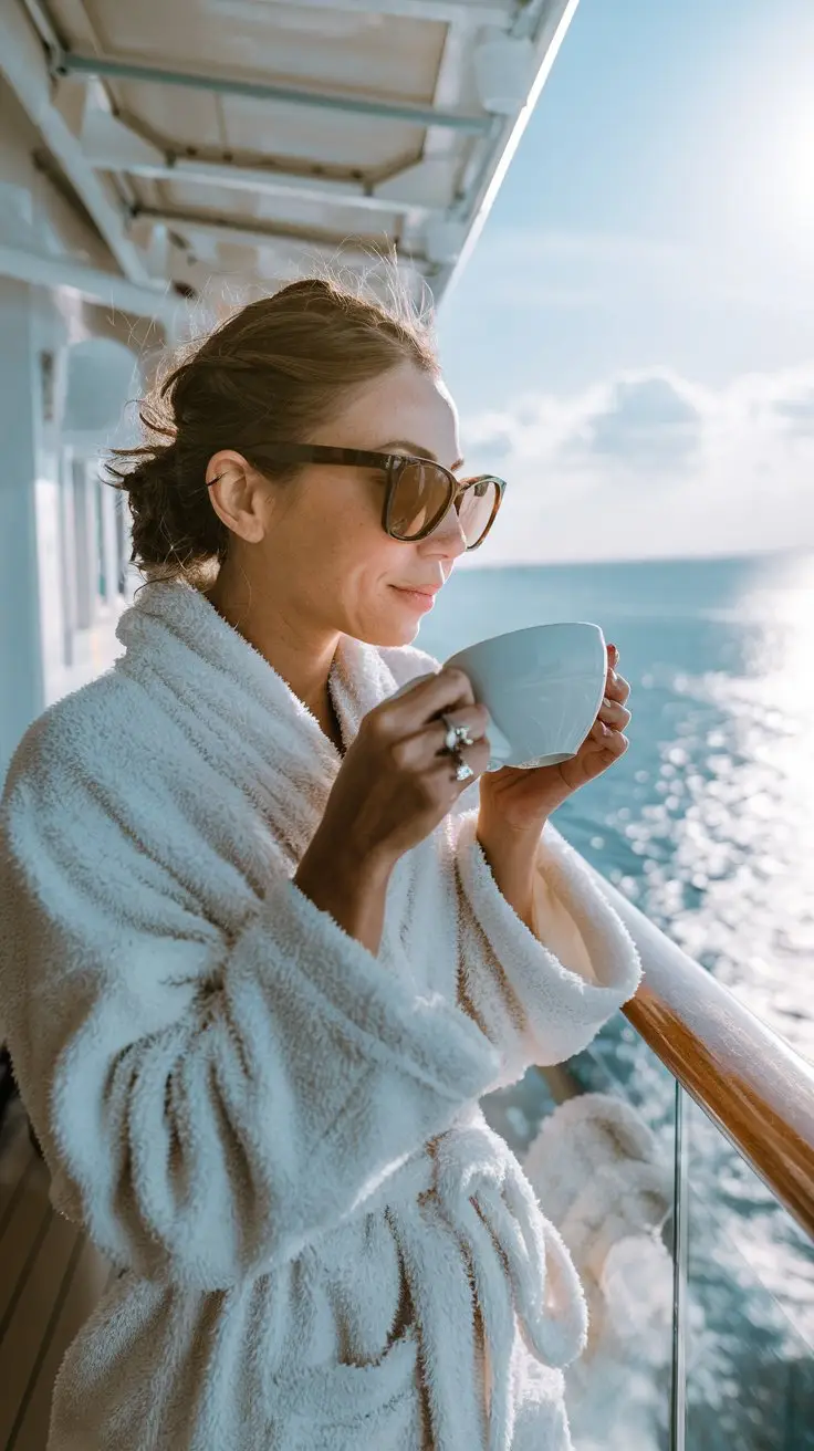 A photo of a lady sipping coffee in a fluffy white robe on a cruise ship balcony. She is wearing sunglasses and has her hair tied up. The background reveals the sunny morning sea and sky.
