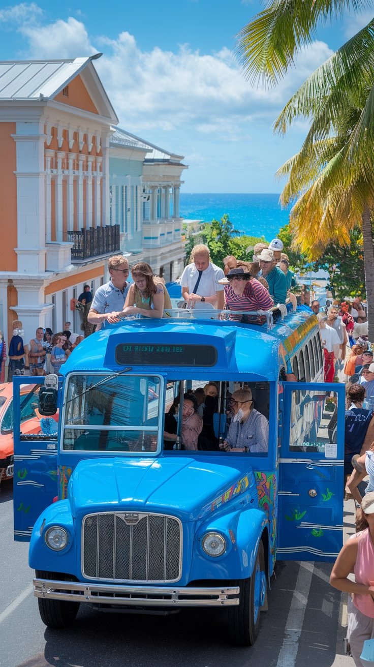 Colorful local jitney bus with 'Nassau' destination sign and Bahamian passengers