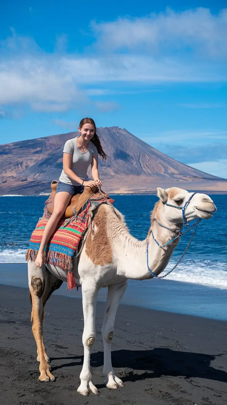 A photo of a young lady riding a camel on the beach in Tenerife, Canary Islands. The volcanic landscapes and deep blue Atlantic waters are in the background. The lady is happy and smiling. The camel is also smiling. The sky is clear with a few clouds.