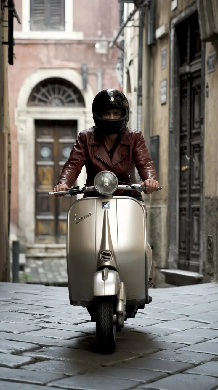 A cinematic shot of a person riding a Vespa scooter through the historic, narrow alleyways of Naples, Italy. The scooter is a classic model with a rectangular body and a round headlight. The person riding the Vespa is wearing a leather jacket and a helmet. The background reveals old buildings with wooden doors and windows.
