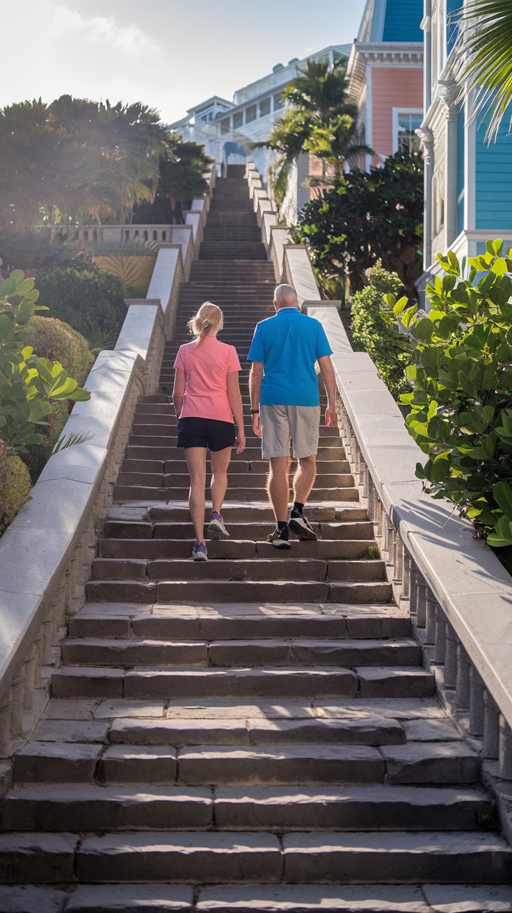 A photo of a lady and a man in shorts and walking shoes walking up the Queen's Staircase in Nassau. The staircase has 65 steps and is made of stone. The lady is wearing a pink shirt and the man is wearing a blue shirt. The background reveals the sunny sky and buildings. The stairs are surrounded by lush greenery.