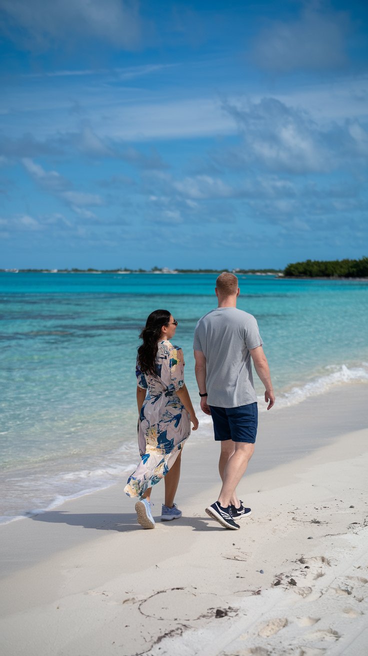 A photo of a lady and a man in shorts and walking shoes on Junkanoo Beach in Nassau. The lady is wearing a floral print dress and the man is wearing a grey t-shirt. They are walking along the sand near the water. The background contains the turquoise water and white sand of the beach, as well as the distant horizon. The sky is clear with a few clouds.