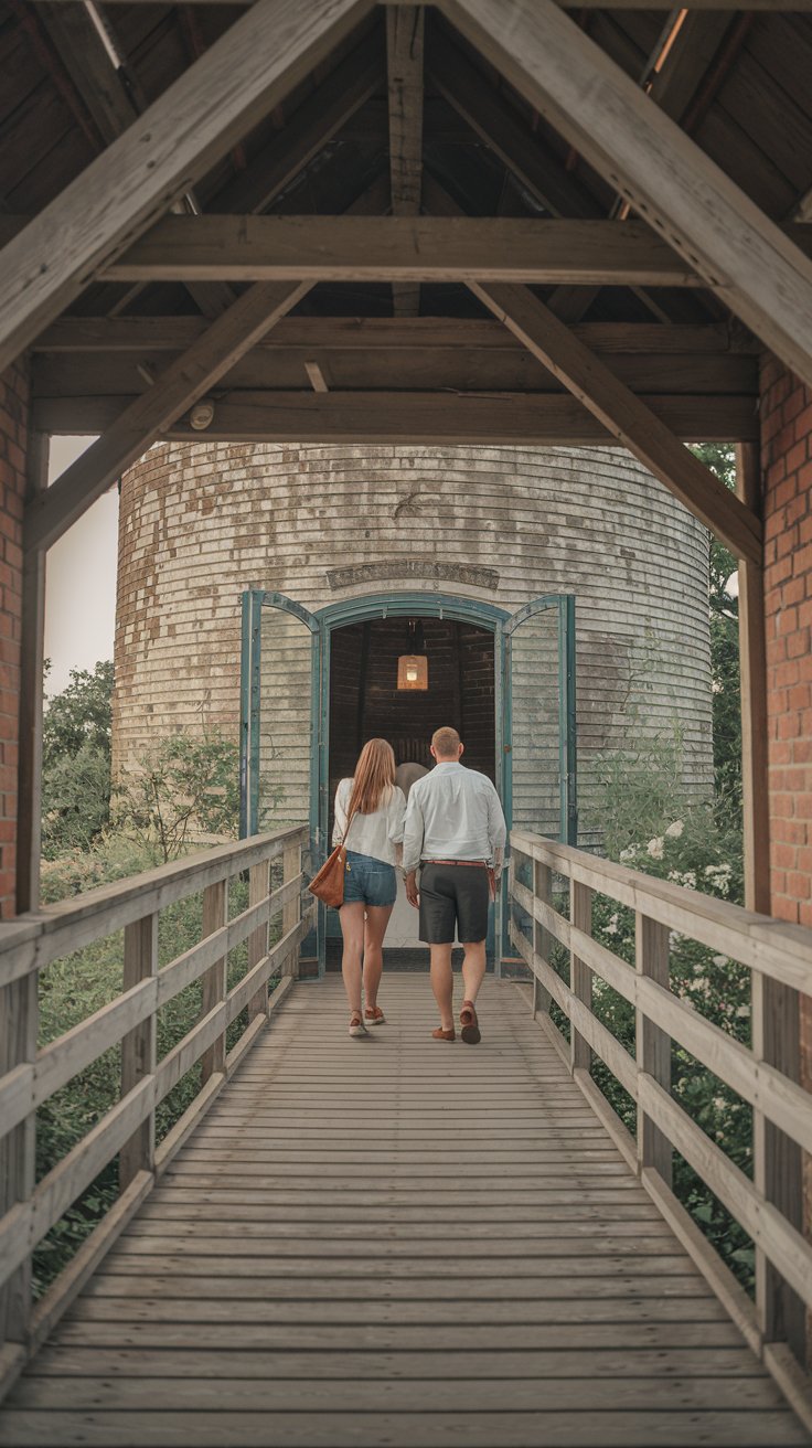 A photo of a lady and a man in shorts walking inside the Water Tower in Nassau. The water tower is an old, brick building with a wooden walkway. The lady is wearing a white shirt and a brown satchel. The man is wearing a white shirt and a brown belt. The background contains greenery and the entrance to the water tower. The overall image has a warm hue.