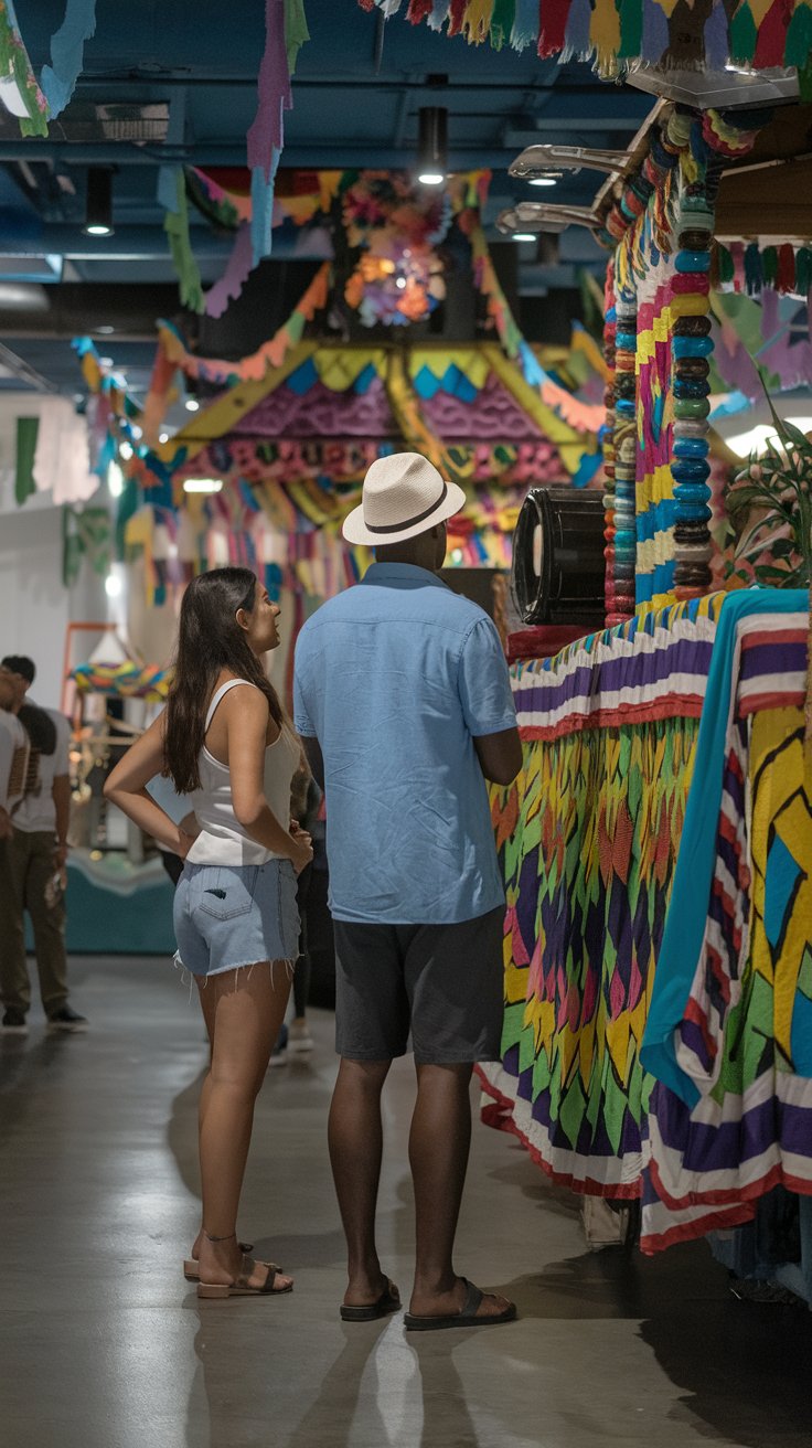 A photo of a lady and a man in shorts inside the Educulture Junkanoo Museum in Nassau. The man is wearing a hat. They are looking around. The museum has various exhibits, including a Junkanoo float. The background is filled with bright, colorful decorations.