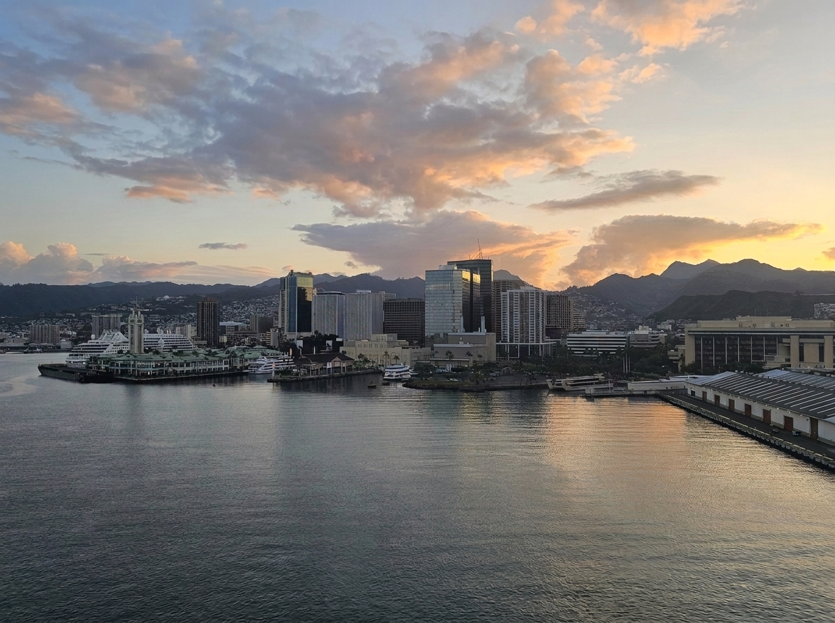 Royal Princess docking at Honolulu port at dawn