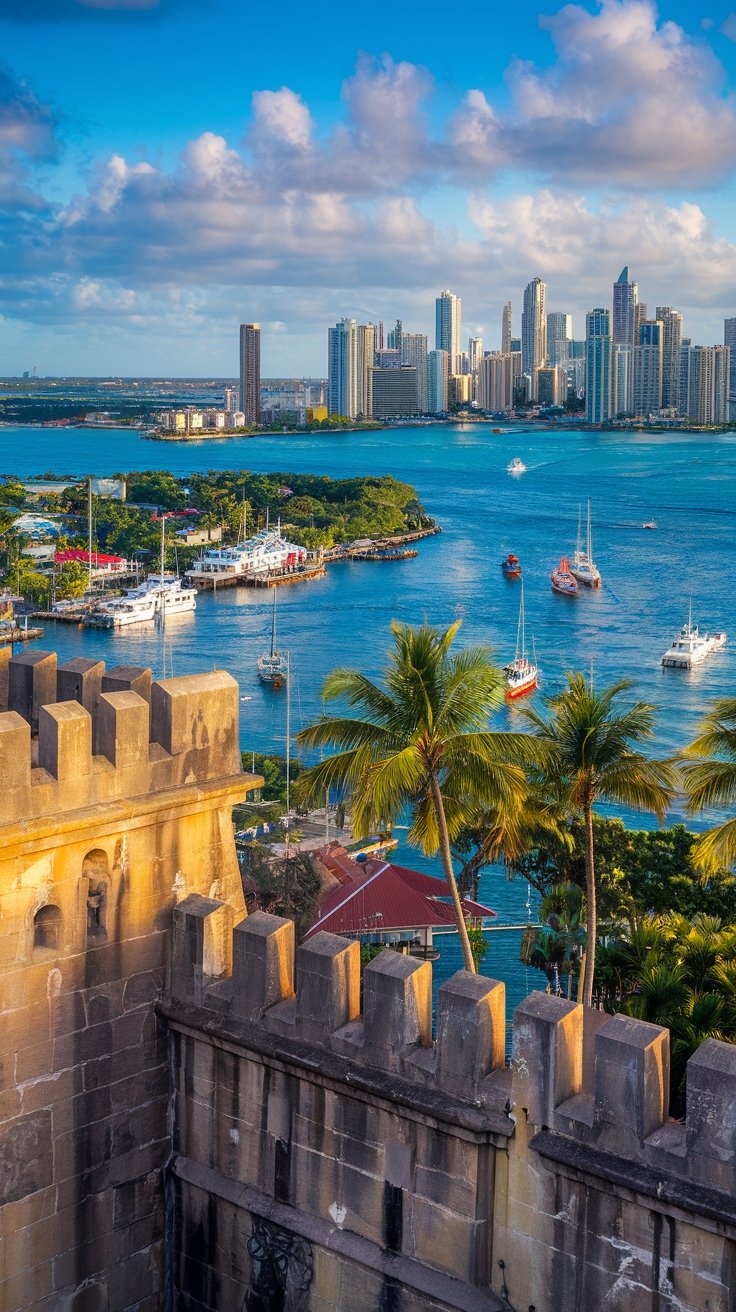 Panoramic view of Nassau harbor from historic Fort Fincastle stone fortifications