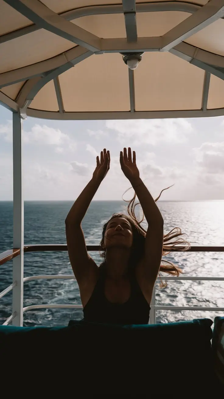 A photo of a serene moment taken from inside a cabana on a sunny day. The cabana is located on a cruise ship and overlooks the vast ocean. The photo is a silhouette shot of a woman with her eyes closed, hands raised up, and hair flowing in the breeze. The background is the ocean and sky. The overall ambiance is peaceful and rejuvenating.