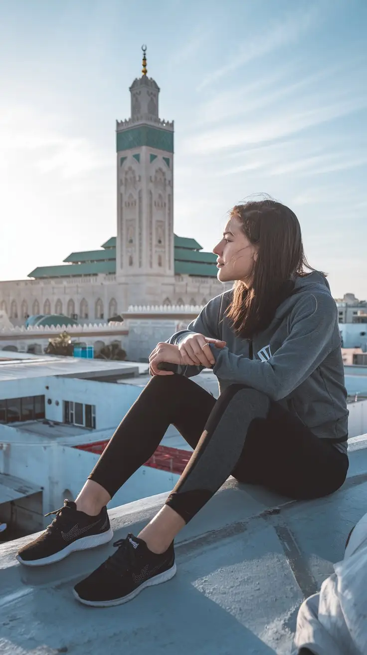 A photo of a young lady wearing leggings and trainers. She is sitting on a rooftop in Casablanca, gazing out over the city. The grand Hassan II Mosque is in the background. The lady is sitting on a rooftop and is wearing leggings and trainers. The city is visible in the background, with the Hassan II Mosque being a prominent landmark.