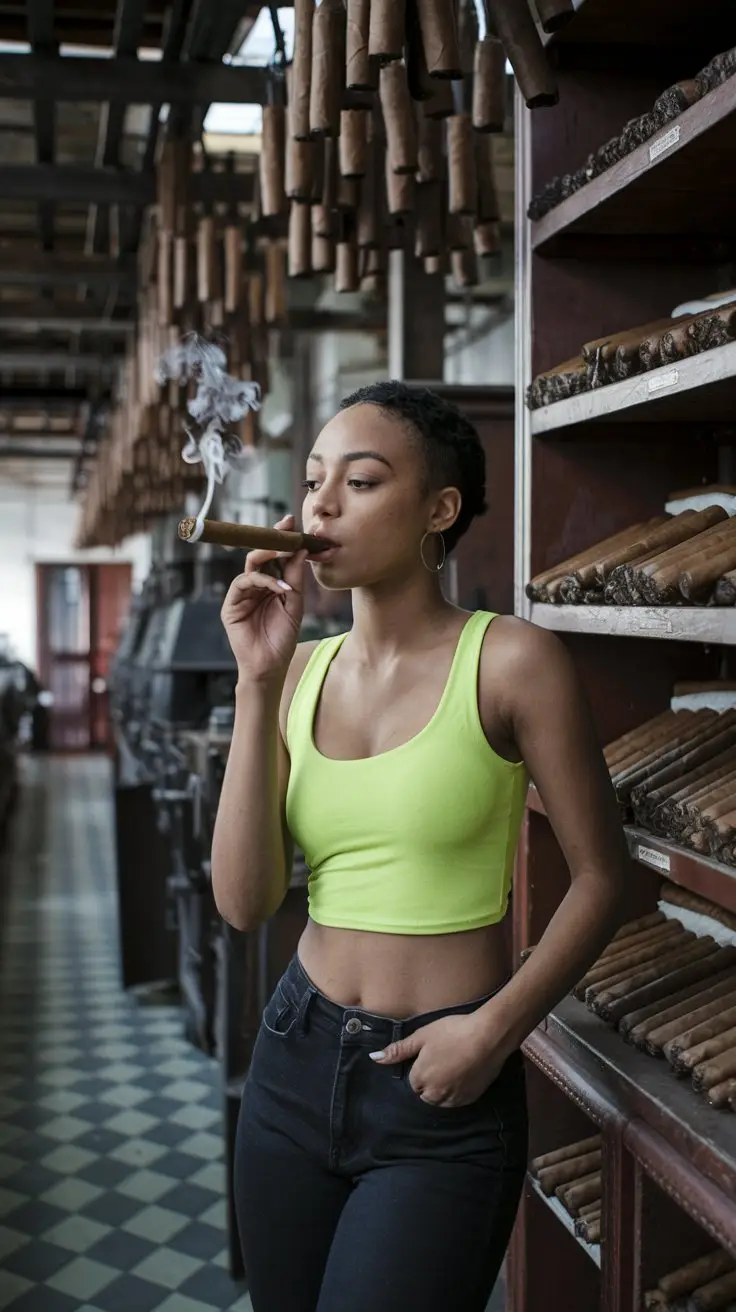 A photo of a young black lady wearing a bright crop top and smoking a cigar in Havana, Cuba. She is standing in an old cigar factory with wooden shelves and a patterned floor. There are cigars hanging from the ceiling and lying on the shelves. The background contains vintage machinery and tools.