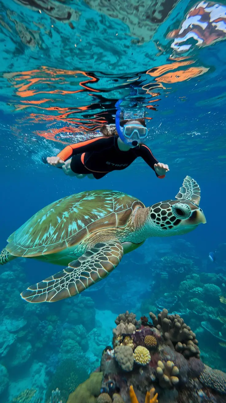 A photo of a person swimming with a large green sea turtle in clear water in the Caribbean. The turtle is swimming below the surface, while the person is above water. The person is wearing a black and orange wetsuit and has a snorkel in their mouth. The background has vibrant coral reefs and other marine life.