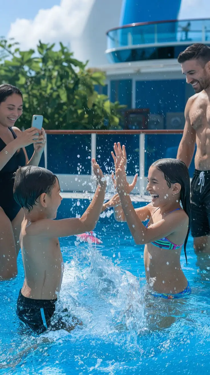 A photo of a mother, father, boy and girl having fun in a pool on a cruise ship. The boy is splashing water at his sister, who is laughing and holding her hands up. The mother is filming with her phone, and the father is standing nearby. The background contains greenery and a building. The sky is sunny.
