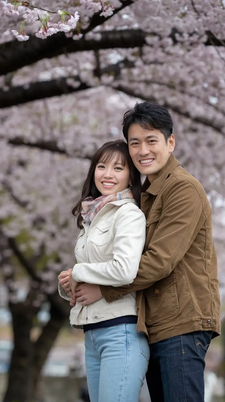 A photo of a happy couple wearing jeans. They are standing under the cherry blossoms in Tokyo, Japan. The woman is wearing a beige jacket and a scarf. The man is wearing a brown jacket. The background is filled with pink cherry blossoms.