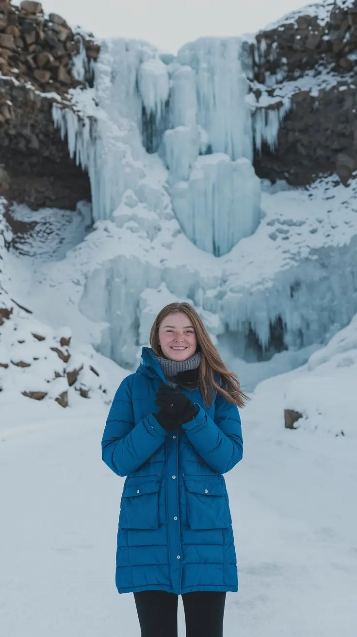 A photo of a young lady standing in front of a frozen waterfall in Akureyri, Iceland. She is bundled up in warm clothing and is smiling. The background contains the massive frozen waterfall with icicles hanging from the edge. The ground is covered in snow. The overall image has a cool temperature.