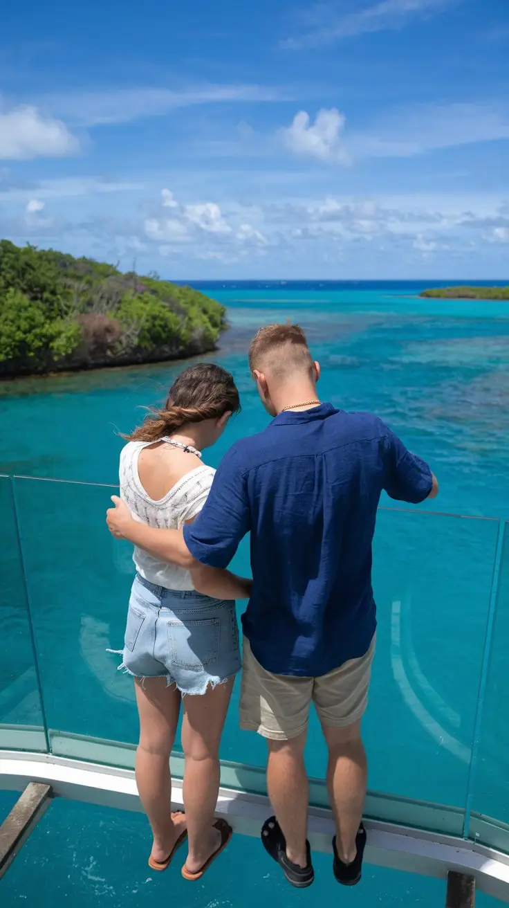 A photo of a young couple standing on a glass-bottom bridge, looking down at the turquoise Caribbean waters below. The woman is wearing denim shorts, a white shirt, and a necklace. The man is wearing a blue shirt, shorts, and a necklace. The background reveals lush greenery and the blue sky.