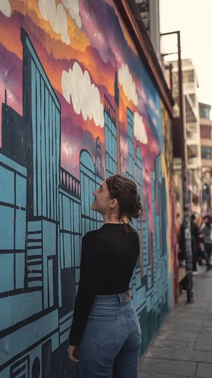 A photo of a young lady in jeans standing in front of a vibrant graffiti mural in Valparaíso, Chile. The mural has a cityscape with buildings and clouds. The lady is wearing a black top and has her hair up. She is looking at the artwork with an interested expression. The background is filled with more murals and buildings. The overall image has a warm hue.
