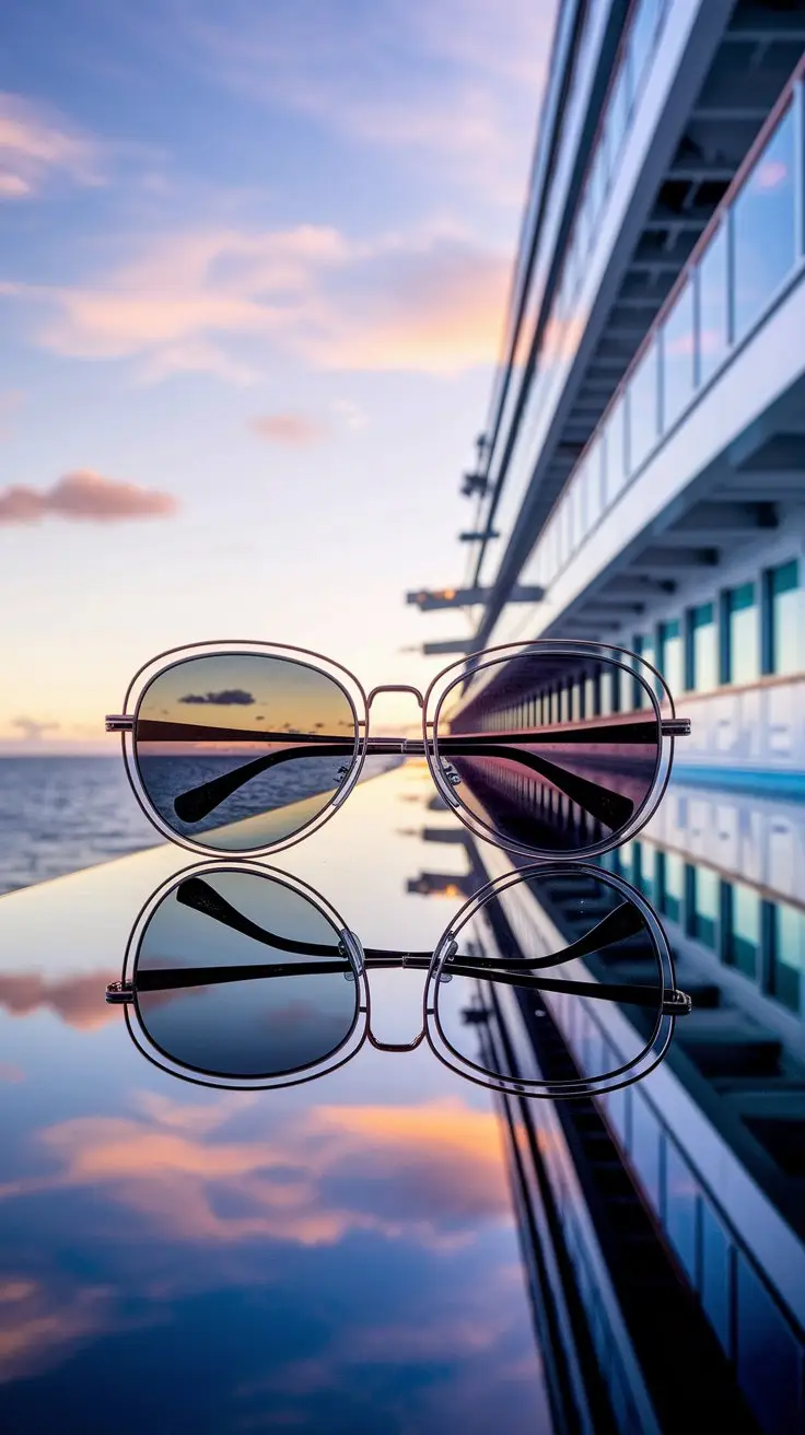 unglasses Reflection Shot – Close-up of stylish sunglasses reflecting the cruise ship’s deck, ocean, or sunset in each lens.