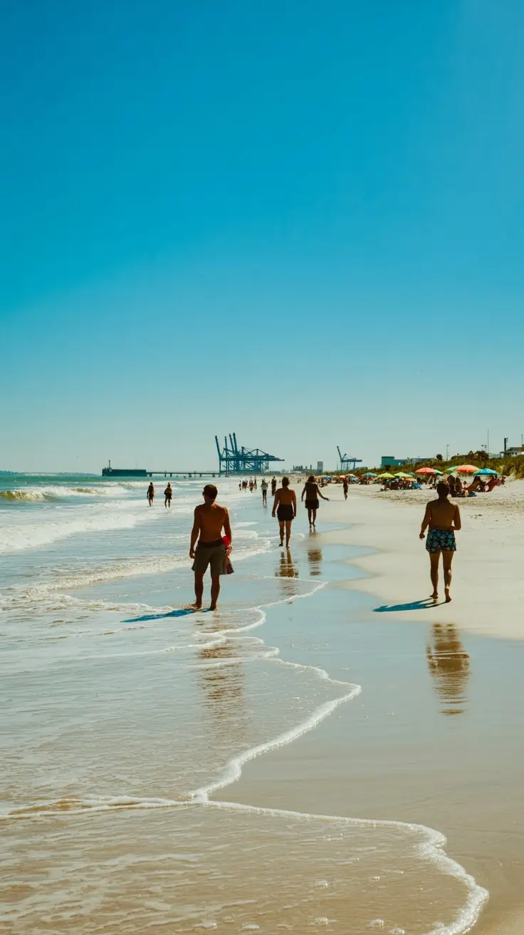 A photograph of Cocoa Beach on a bright, sunny day, showcasing a long stretch of pristine white sand. Several people are leisurely walking along the shoreline, enjoying the gentle waves and warm sunshine, their silhouettes creating interesting shapes against the clear blue ocean. A few colorful beach umbrellas dot the background, while the distant view of Port Canaveral's cranes adds a subtle industrial element to the tropical landscape. The scene is bathed in golden light, enhancing the vibrant colors and creating a sense of relaxation and carefree enjoyment.