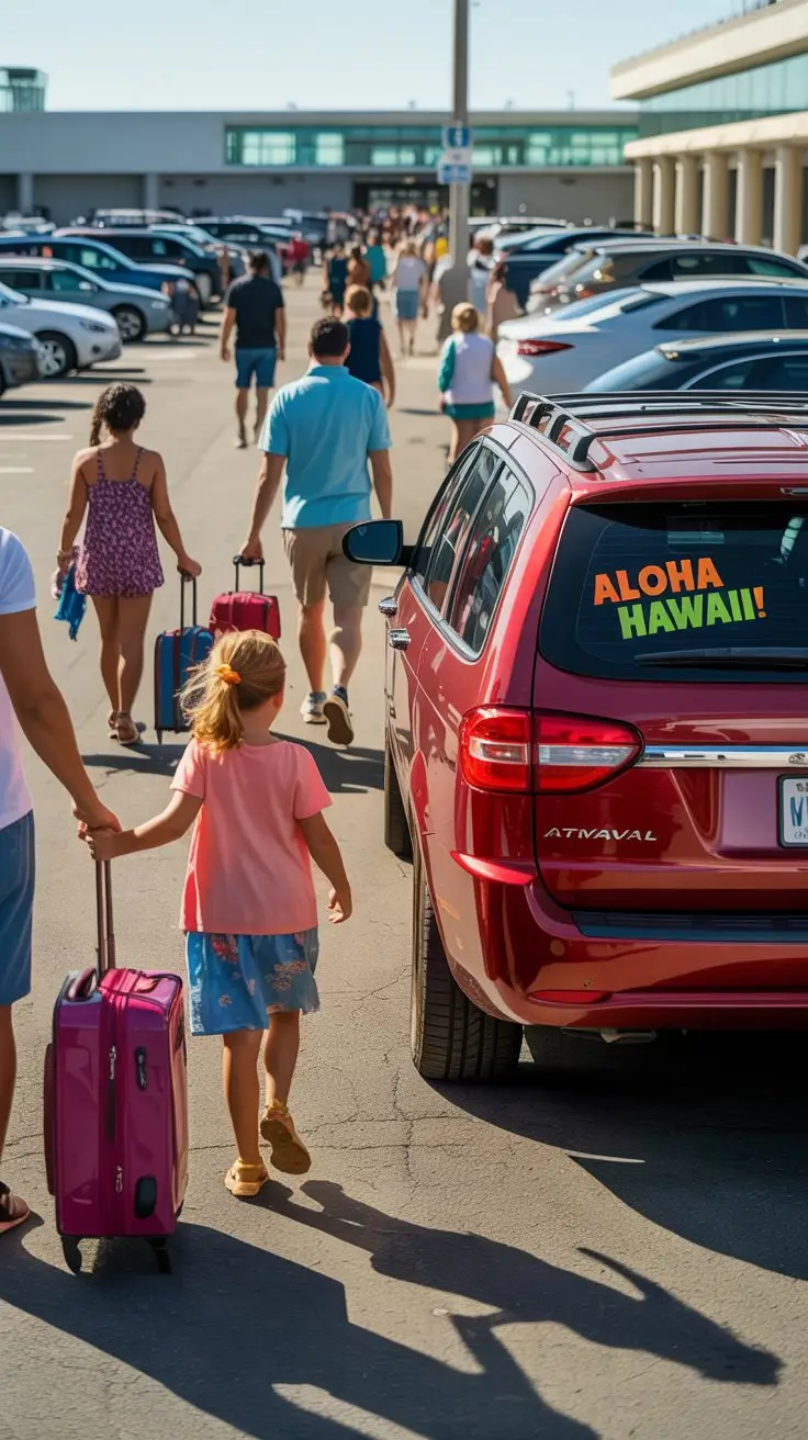 A photograph capturing a vibrant sunny day in a Port Canaveral cruise terminal parking lot. Several families with colorful luggage are seen walking towards the terminal entrance, their faces reflecting excitement and anticipation. A bright red minivan with a bumper sticker reading “"Aloha Hawaii!"” is parked prominently in the foreground, while other cars and people fill the background, creating a sense of bustling activity. The warm sunlight casts long shadows across the pavement, enhancing the cheerful atmosphere of the scene.